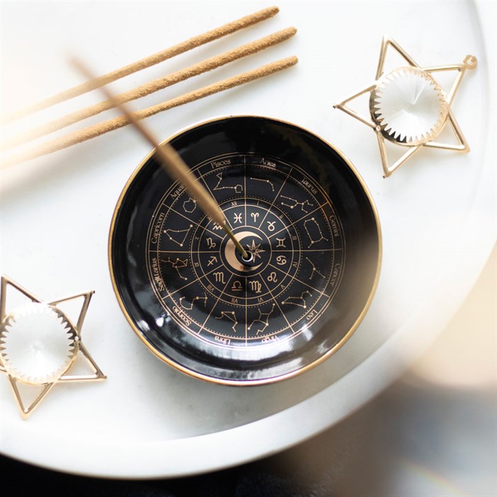 Astrology Wheel Incense Dish — Black & Gold (Sticks & Cones)