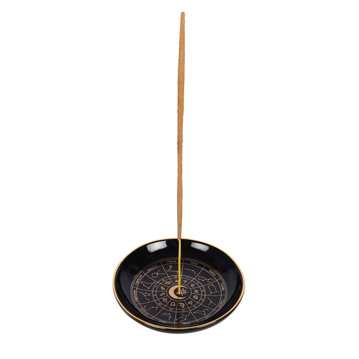 Astrology Wheel Incense Dish — Black & Gold (Sticks & Cones)