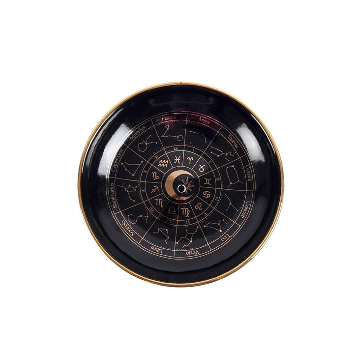 Astrology Wheel Incense Dish — Black & Gold (Sticks & Cones)