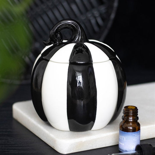 Black & White Striped Pumpkin Oil Burner — with Removable Lid