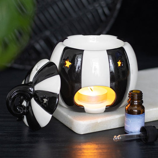 Black & White Striped Pumpkin Oil Burner — with Removable Lid