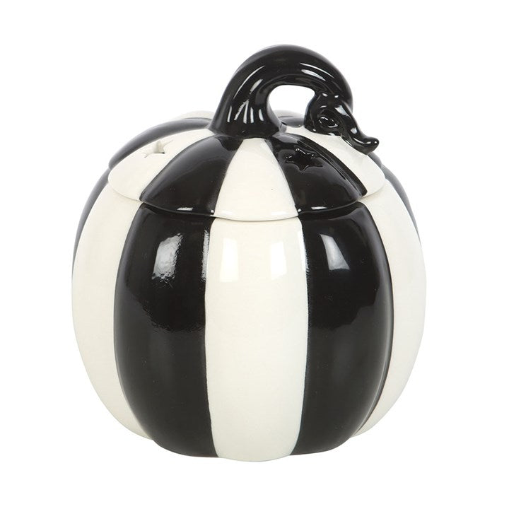 Black & White Striped Pumpkin Oil Burner — with Removable Lid