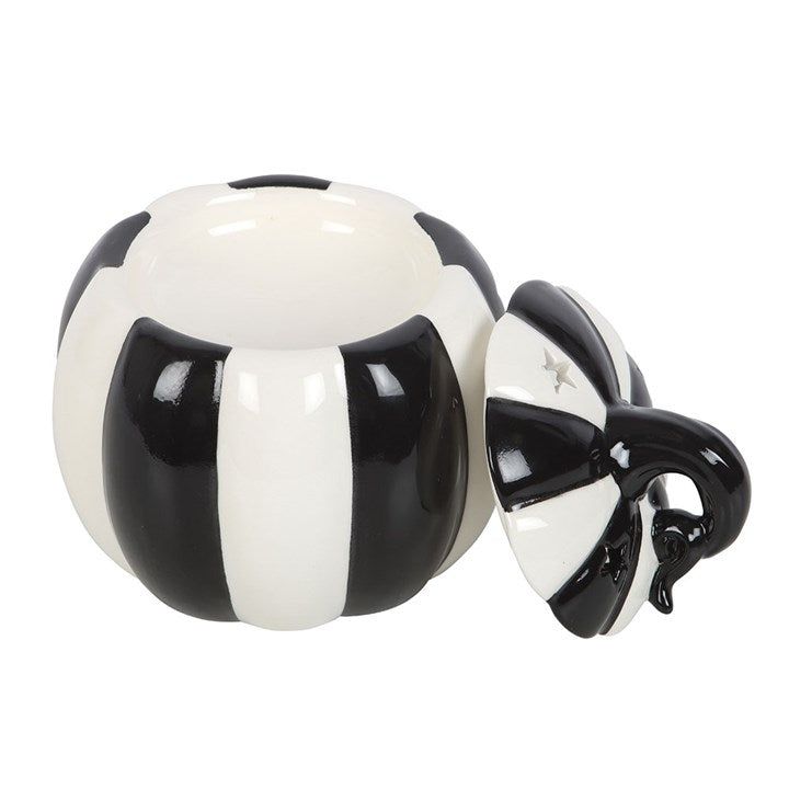 Black & White Striped Pumpkin Oil Burner — with Removable Lid