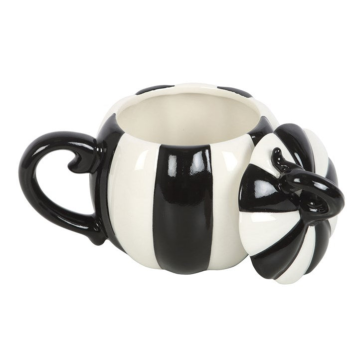 Black & White Striped Pumpkin Mug with Lid — Gothic Charm for Spooky Sips