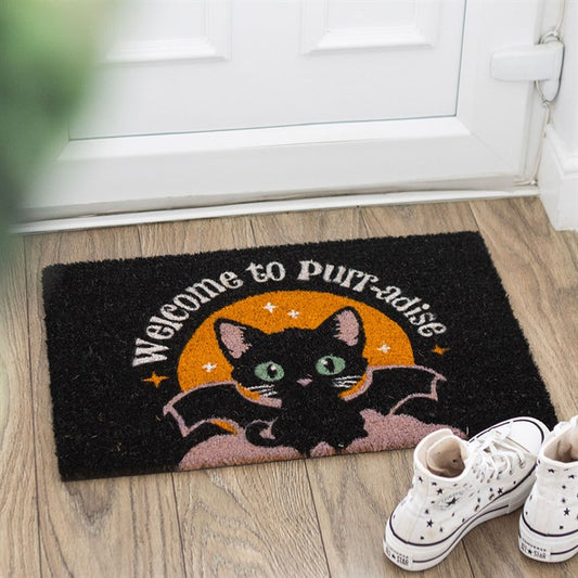 Welcome to Purr-adise Doormat — Black Cat & Bat Wings