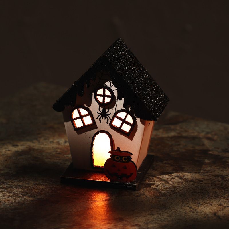 Cobweb-kissed haunted house décor with warm LED glow. MDF & card, glitter roof, spider web windows and pumpkin owl—perfect for shelves and party tables.