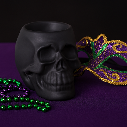 Black skull-shaped vase with Mardi Gras mask and beads on a purple background
