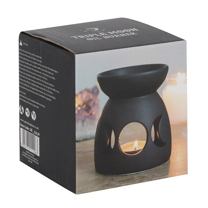 Triple Moon Black Ceramic Oil Burner — Matte Finish