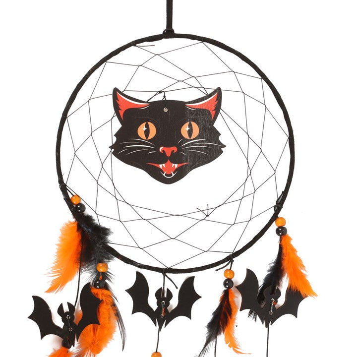 Black Cat & Bats Dreamcatcher — Pumpkin Orange & Ink Black