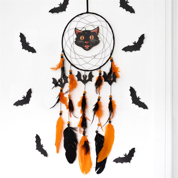 Black Cat & Bats Dreamcatcher — Pumpkin Orange & Ink Black