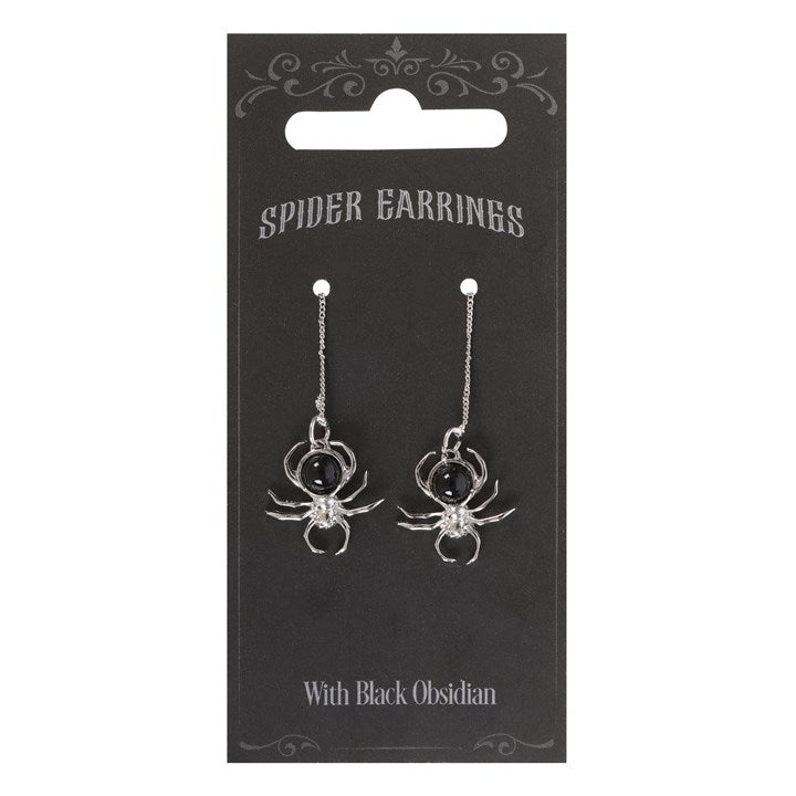 Spider Earrings with Black Obsidian — Stainless Steel