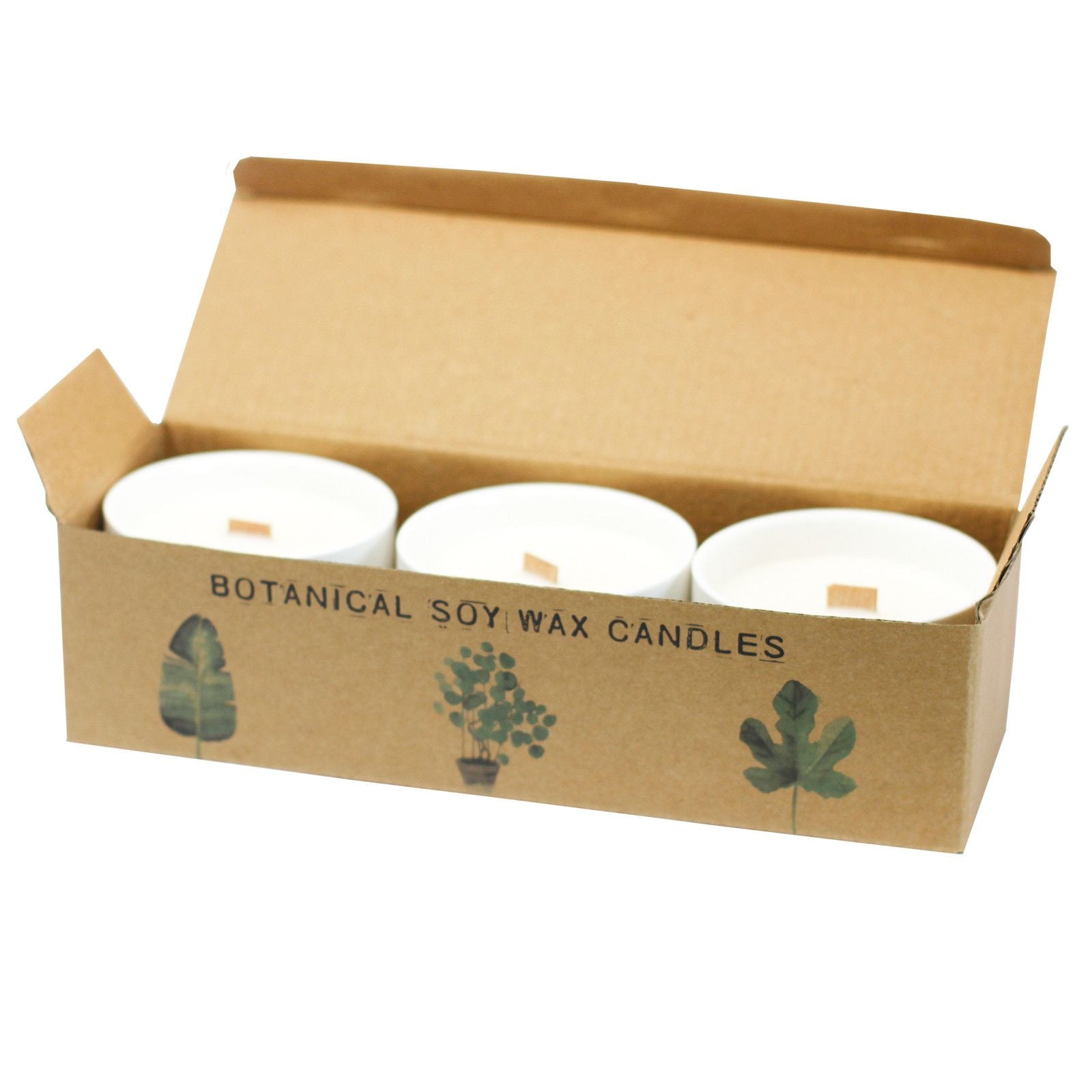 Three white candles in a cardboard box labeled 'Botanical Soy Wax Candles' on a white background