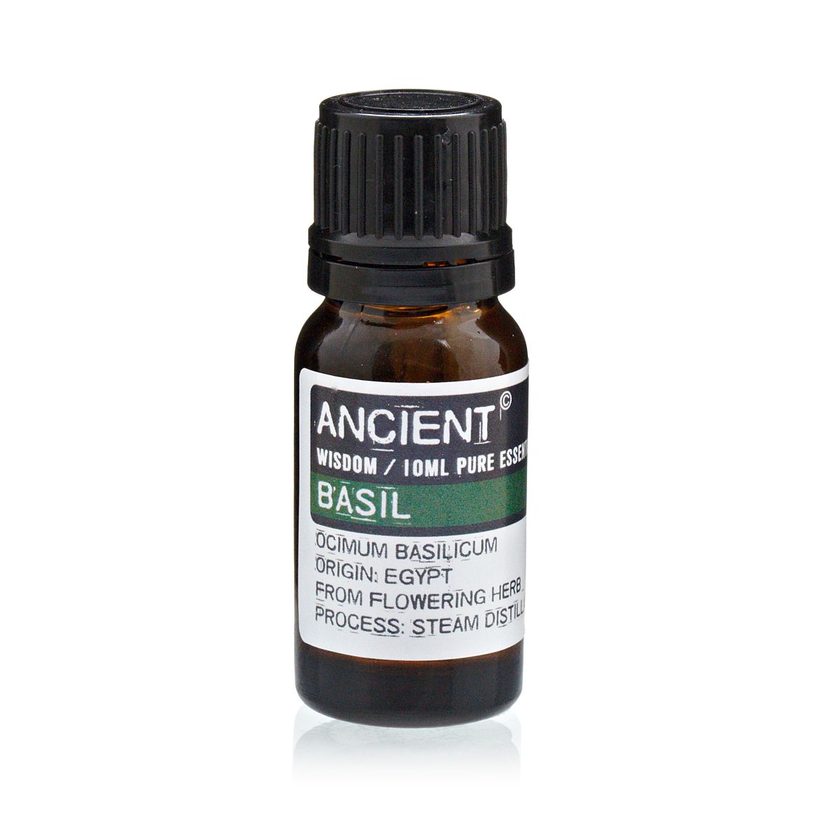 Amber 10 ml bottle labelled ‘Basil—pure essential oil’, a steam-distilled, crisp green aroma used for focus and refreshing room mists.