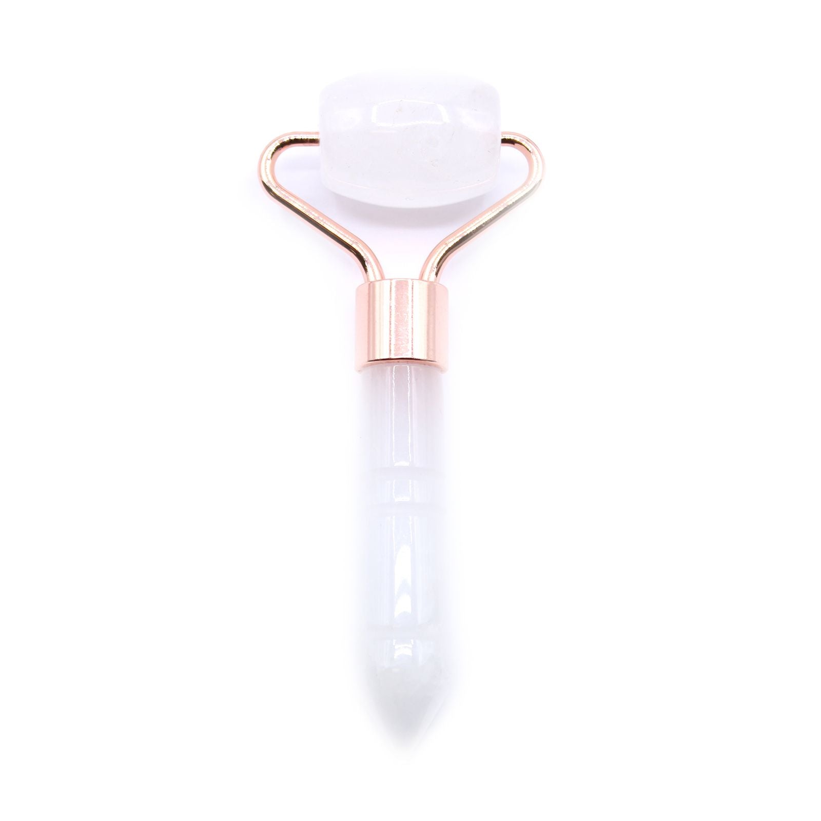 White facial roller with rose gold accents on a white background