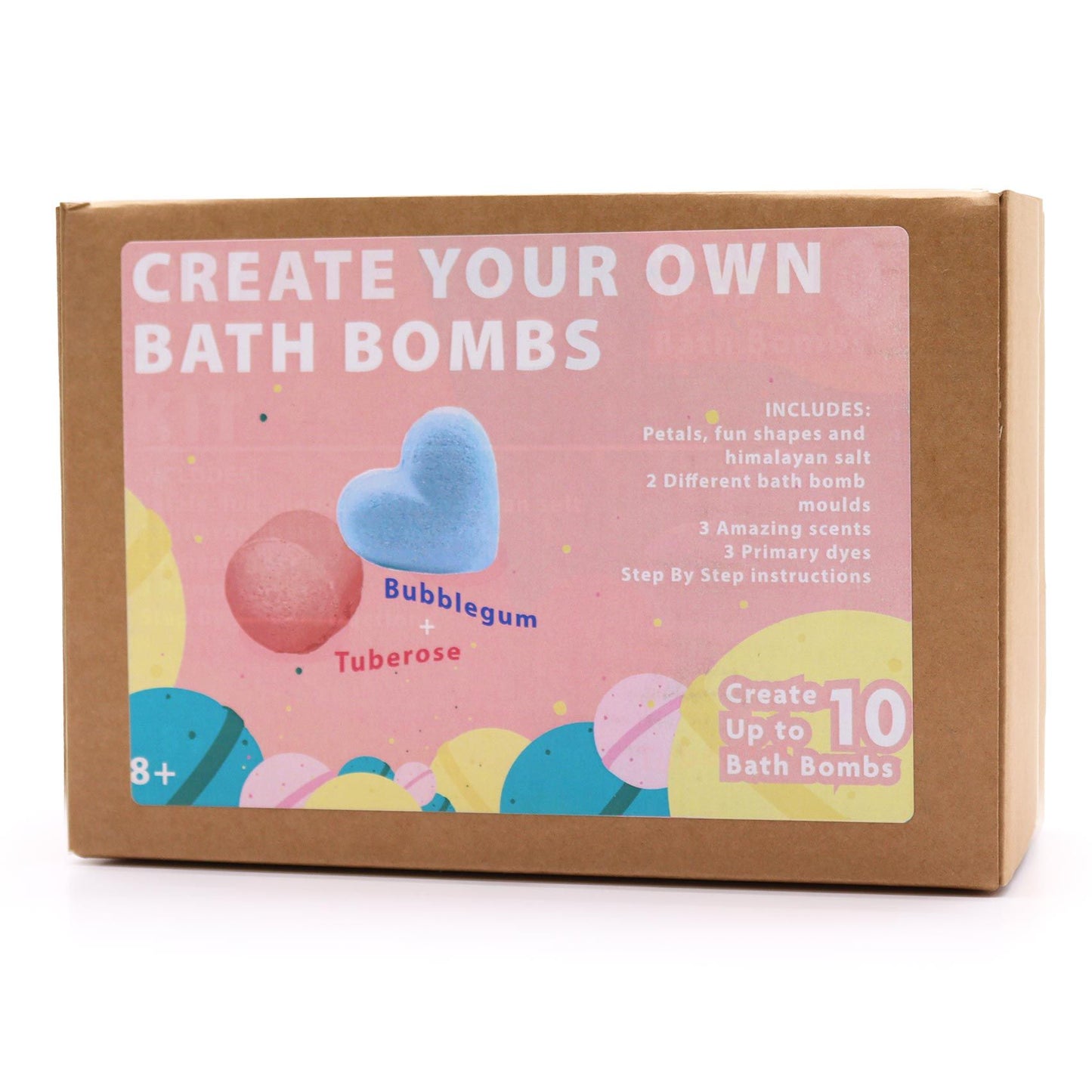 Box for creating bath bombs with colorful packaging and text on a white background