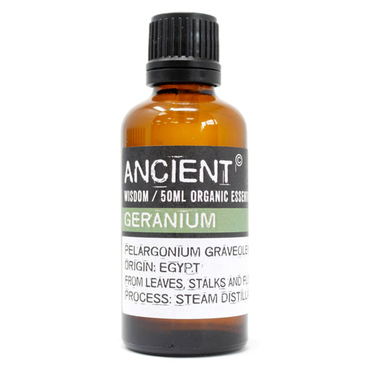 Bottle of Ancient Wisdom Geranium organic essential oil on a white background