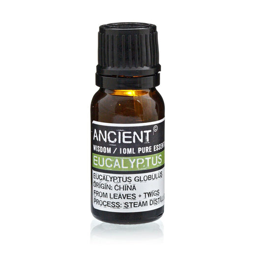 Bottle of Eucalyptus essential oil with label on a white background