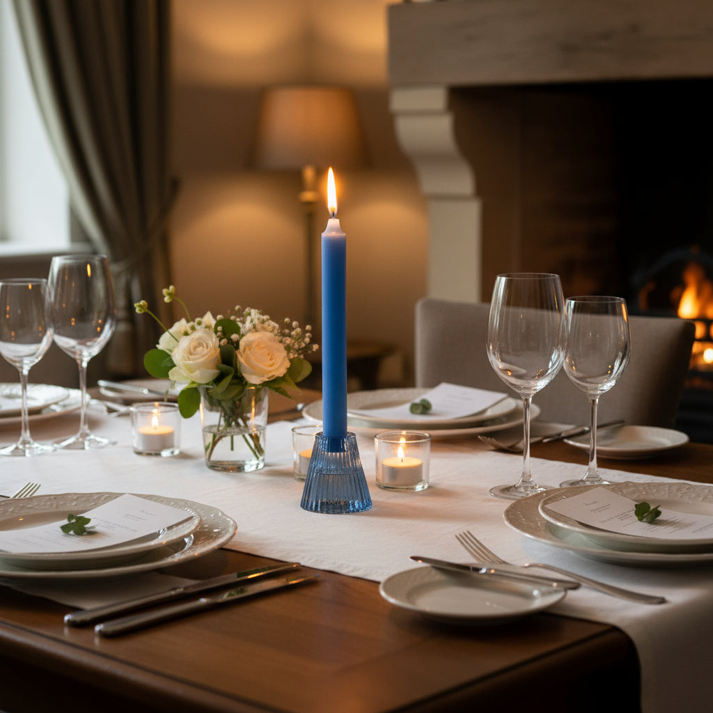 Blue glass candle holder on a dining table.