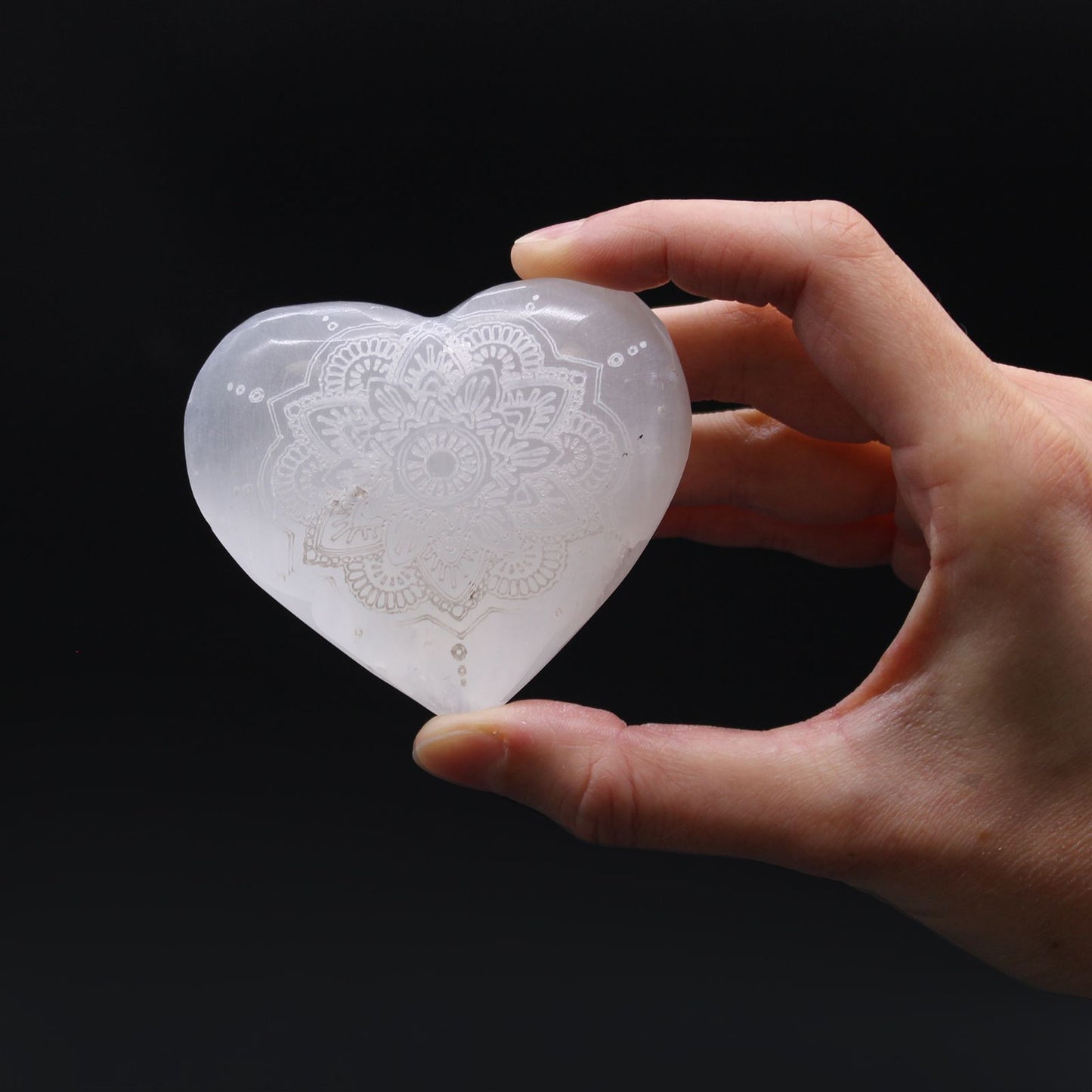 Selenite Heart (7–8 cm) — Mandala Engraved Moonlight