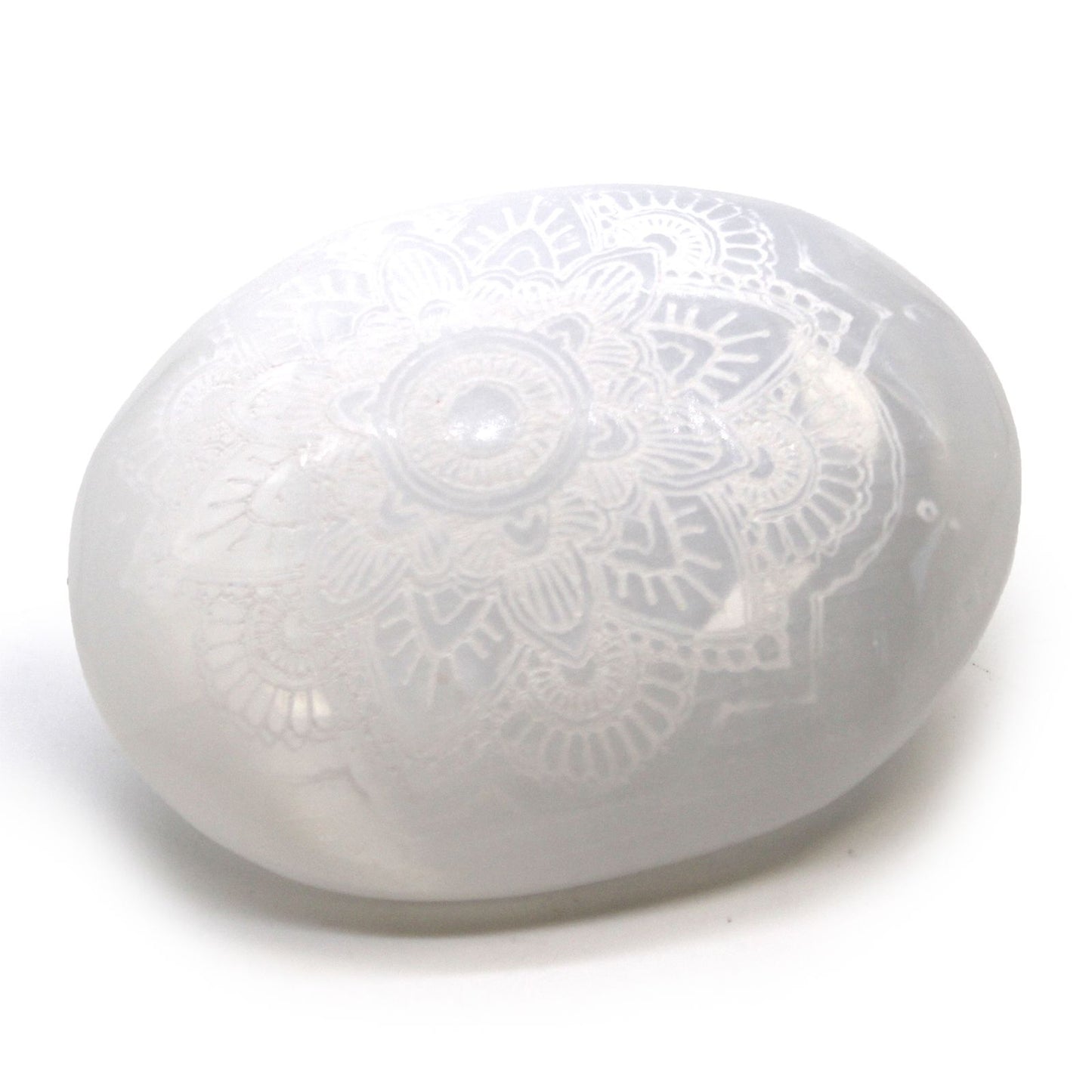 Selenite Palm Stone — Mandala Engraved Moonlight