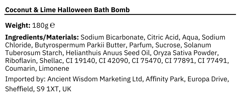 Mint-green spherical Halloween bath bomb with black bat and orange pumpkin sprinkles; coconut & lime scent; handmade in the UK. Ingredients list