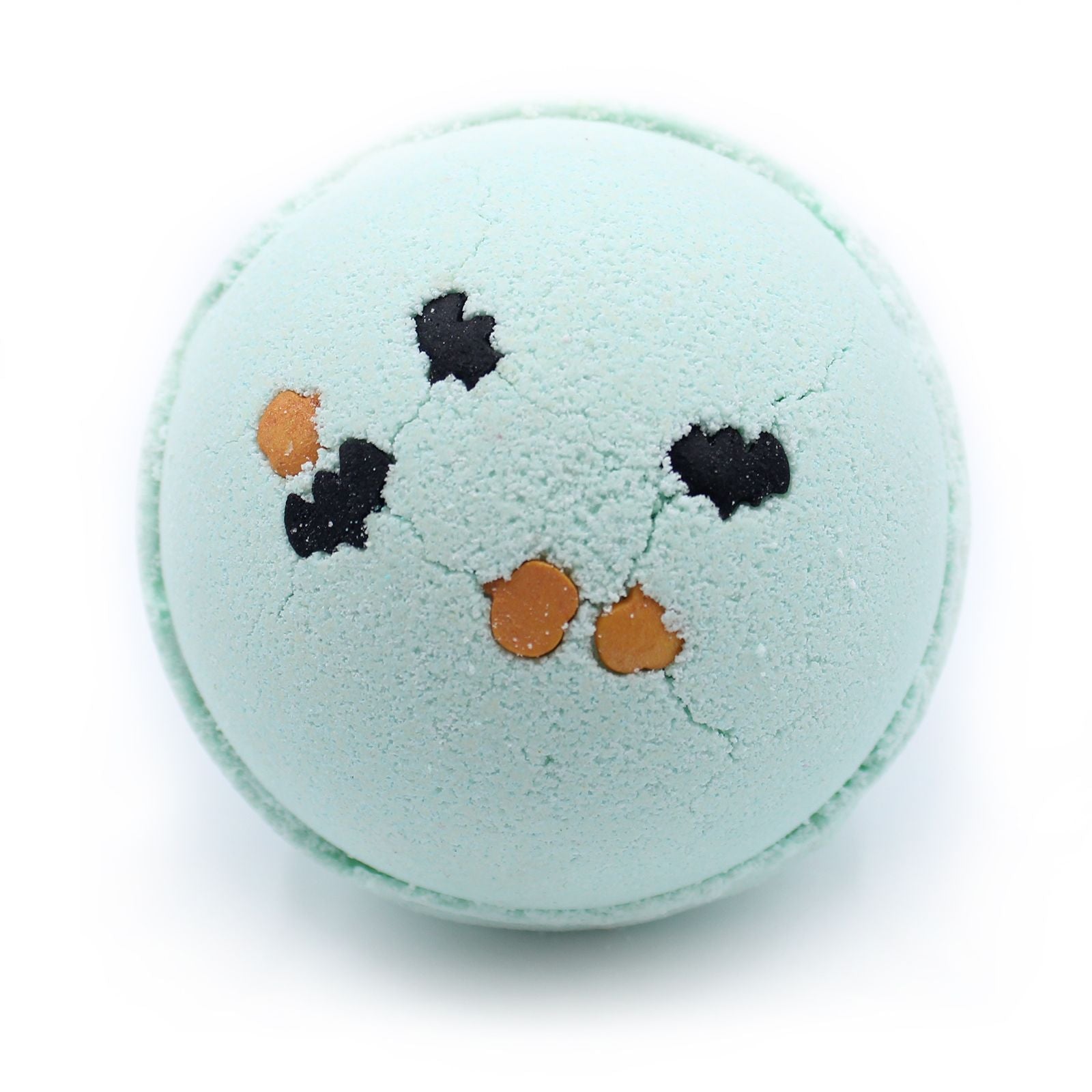 Mint-green spherical Halloween bath bomb with black bat and orange pumpkin sprinkles; coconut & lime scent; handmade in the UK.