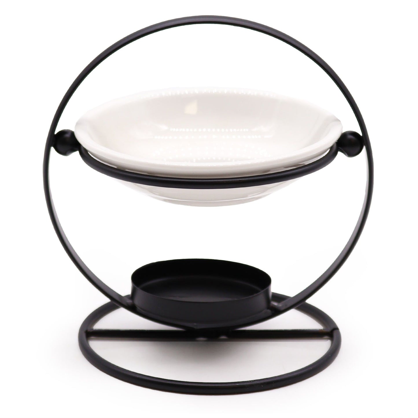 Front studio shot of round stand oil burner showing white ceramic dish suspended in a black metal ring with tealight tray.