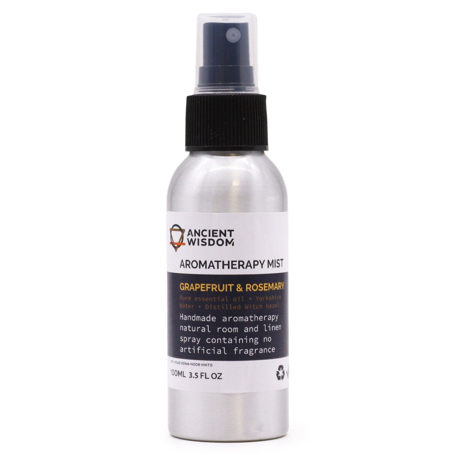 Brushed-aluminium spray bottle with black atomiser labelled ‘Aromatherapy Mist—Grapefruit & Rosemary’; a natural room and linen spray made with Yorkshire water, distilled witch hazel, grapefruit peel and rosemary leaf essential oils.