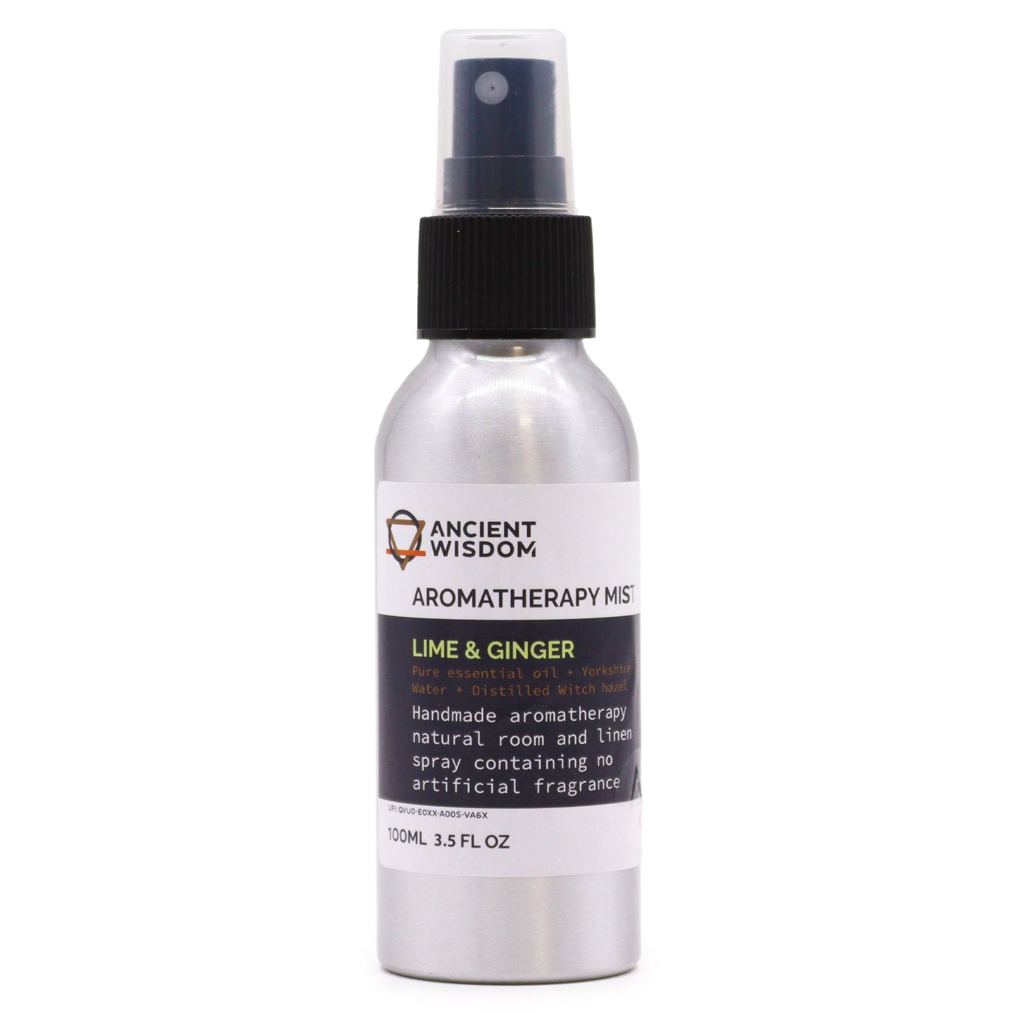 “Brushed-aluminium spray bottle with black atomiser labelled ‘Aromatherapy Mist—Lime & Ginger’; a natural room and linen spray made with Yorkshire water, distilled witch hazel, lime peel and ginger root essential oils.