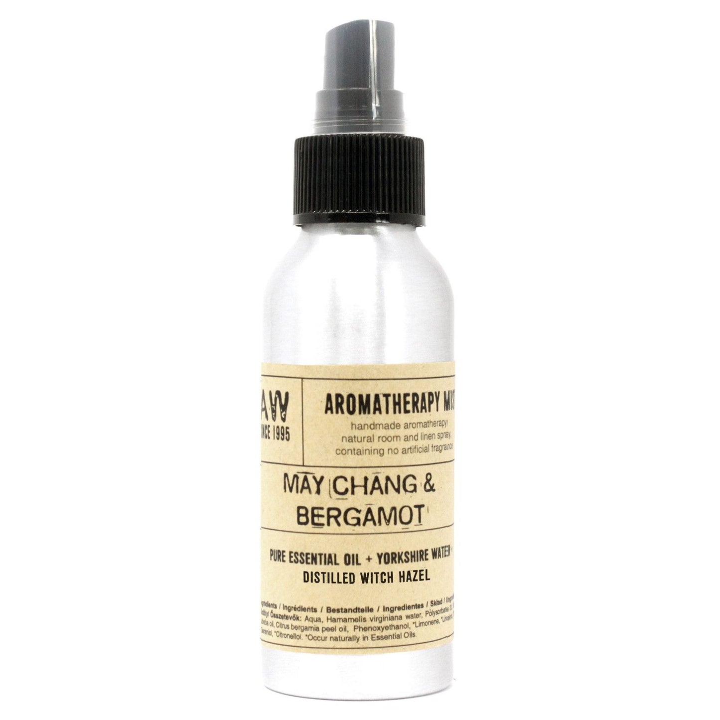 Brushed-aluminium spray bottle with black atomiser labelled ‘Aromatherapy Mist—May Chang & Bergamot’; a natural room and linen spray made with Yorkshire water, distilled witch hazel and pure essential oils.