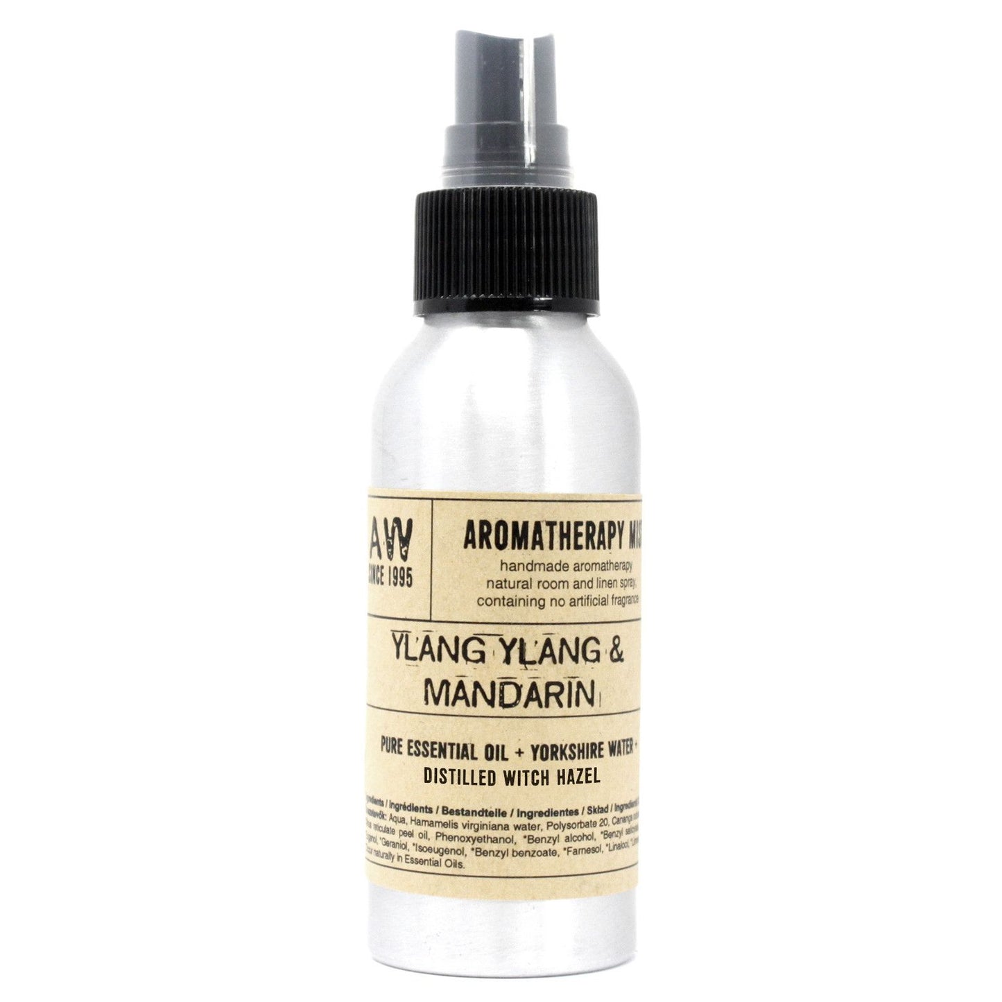 Brushed-aluminium spray bottle with black atomiser labelled ‘Aromatherapy Mist—Ylang Ylang & Mandarin’; a natural room and linen spray made with Yorkshire water, distilled witch hazel, ylang ylang flower and mandarin peel essential oils.