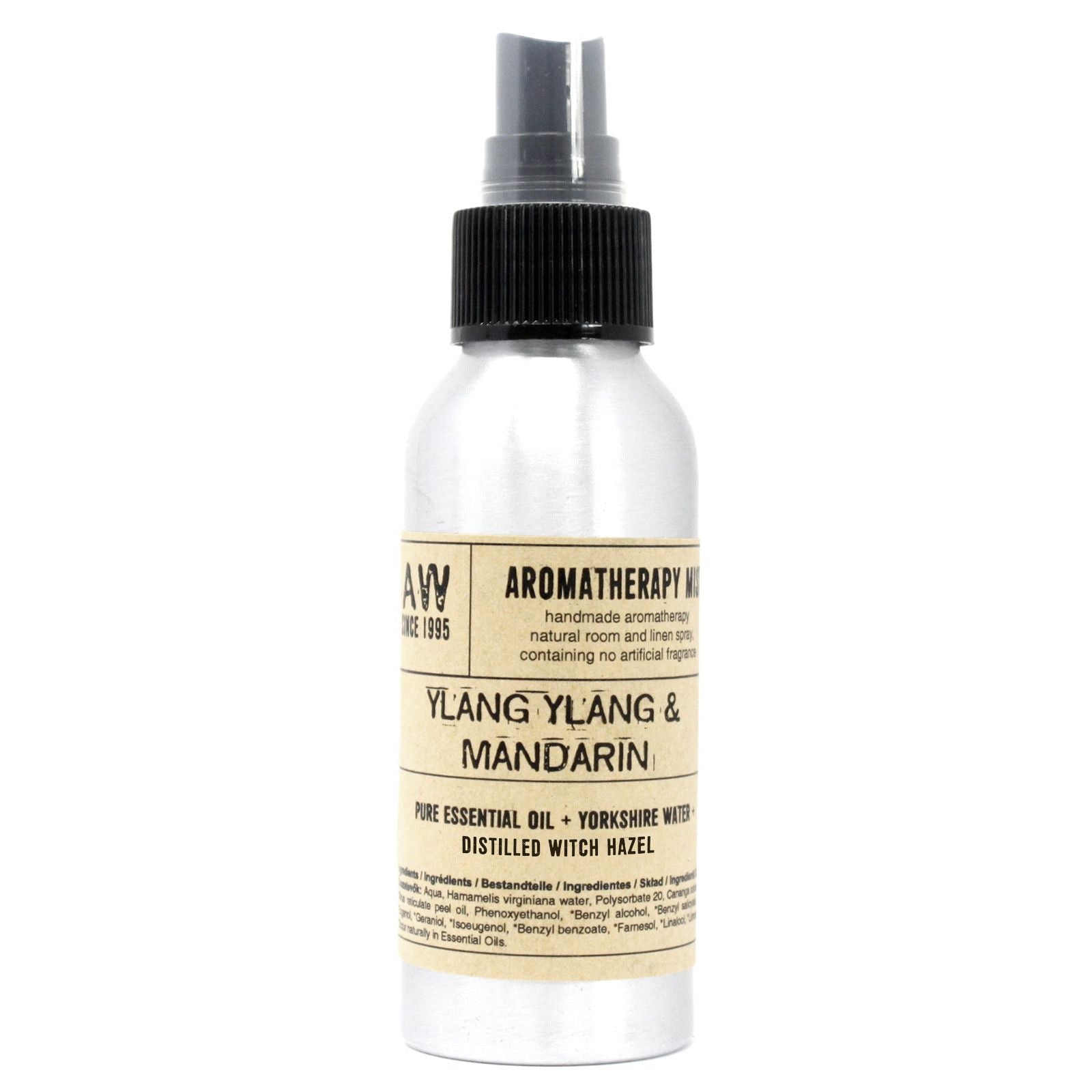 Brushed-aluminium spray bottle with black atomiser labelled ‘Aromatherapy Mist—Ylang Ylang & Mandarin’; a natural room and linen spray made with Yorkshire water, distilled witch hazel, ylang ylang flower and mandarin peel essential oils.