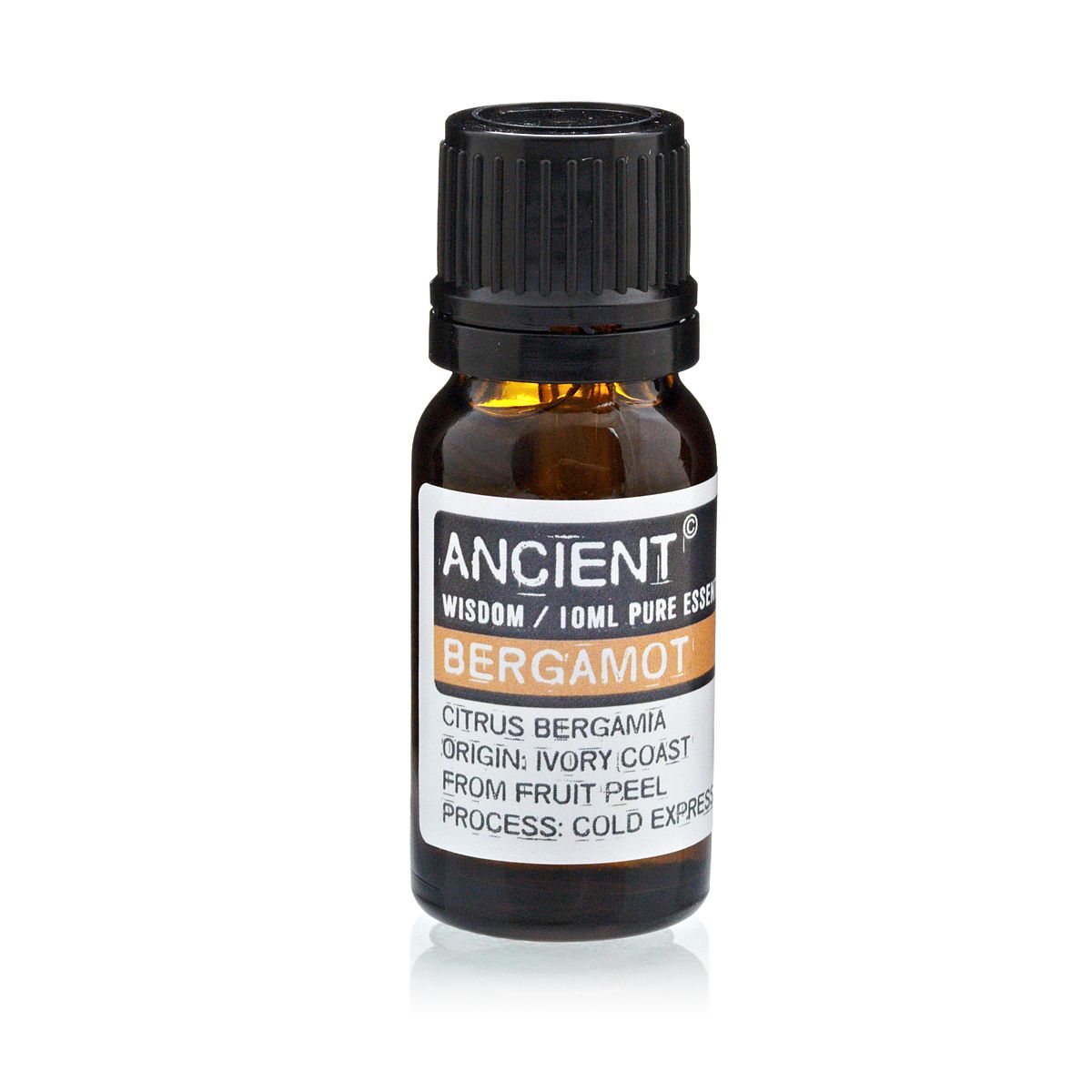 Amber 10 ml bottle labelled ‘Bergamot—pure essential oil’, a cold-expressed, bright citrus aroma with Earl Grey nuance for uplifting diffusers and room mists.