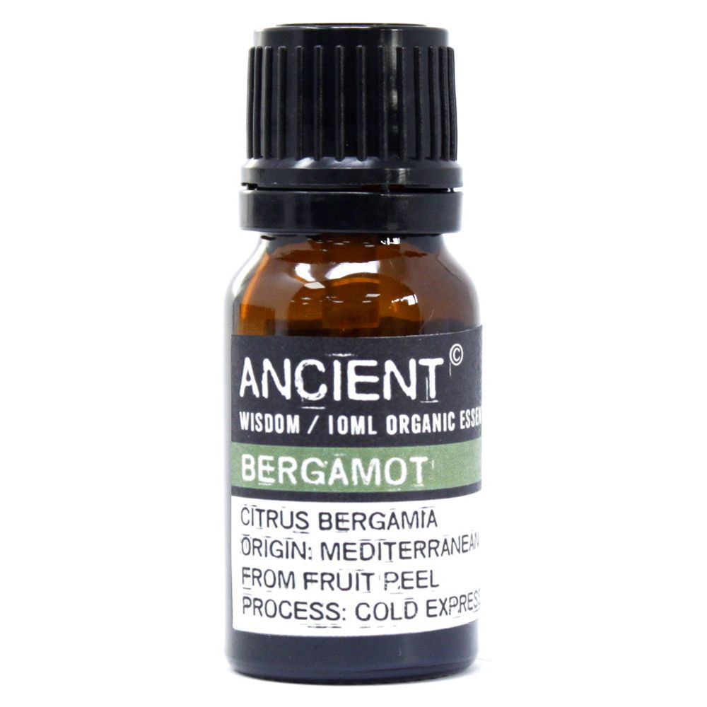 10 ml amber glass bottle labelled ‘Bergamot—organic essential oil’; cold-pressed peel oil with bright citrus-floral aroma