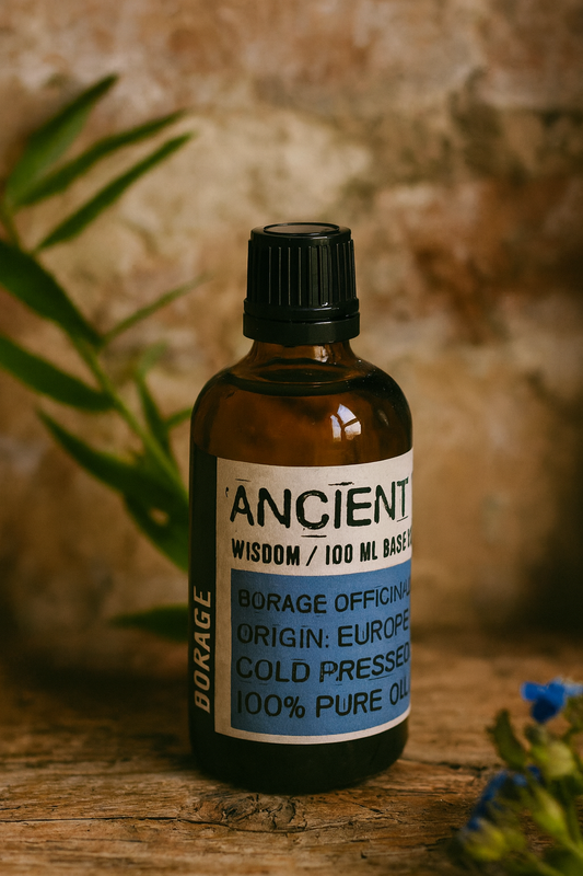 Amber glass bottle with black cap labelled ‘Borage—cold-pressed’; golden, slightly thick Borago officinalis seed oil with a very mild scent.