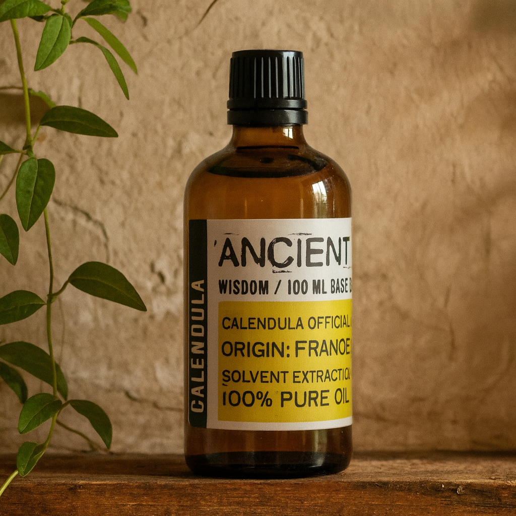 100ml amber bottle of calendula infused in sunflower seed oil, made in France.