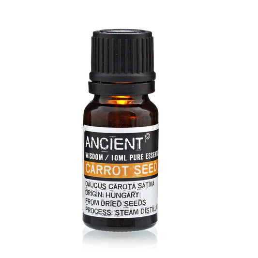 “Amber 10 ml bottle labelled ‘Carrot Seed—pure essential oil’, a steam‑distilled, warm earthy aroma used in grounding diffusers and low‑dilution facial oils.