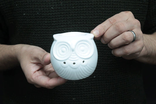lose-up of a glossy white ceramic oil burner shaped like an owl, with round carved eyes and feather details, held gently in two hands against a dark knitted jumper.