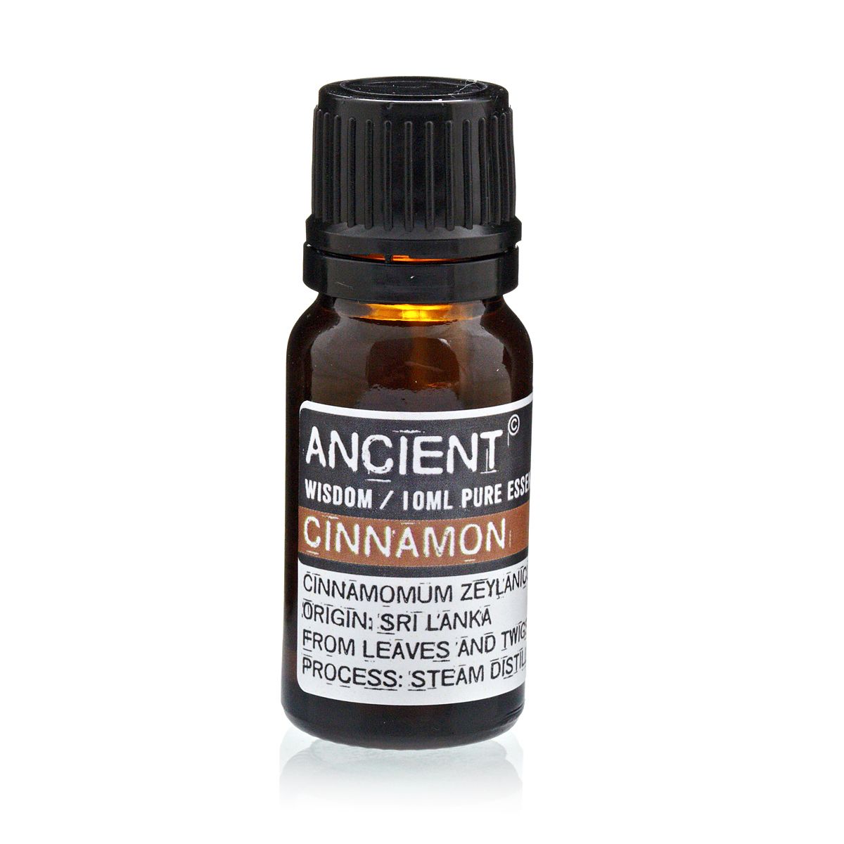 Amber 10 ml bottle labelled ‘Cinnamon—pure essential oil’, a steam‑distilled cinnamon leaf oil with warm, clove‑like spice for cosy diffusers and seasonal room sprays.
