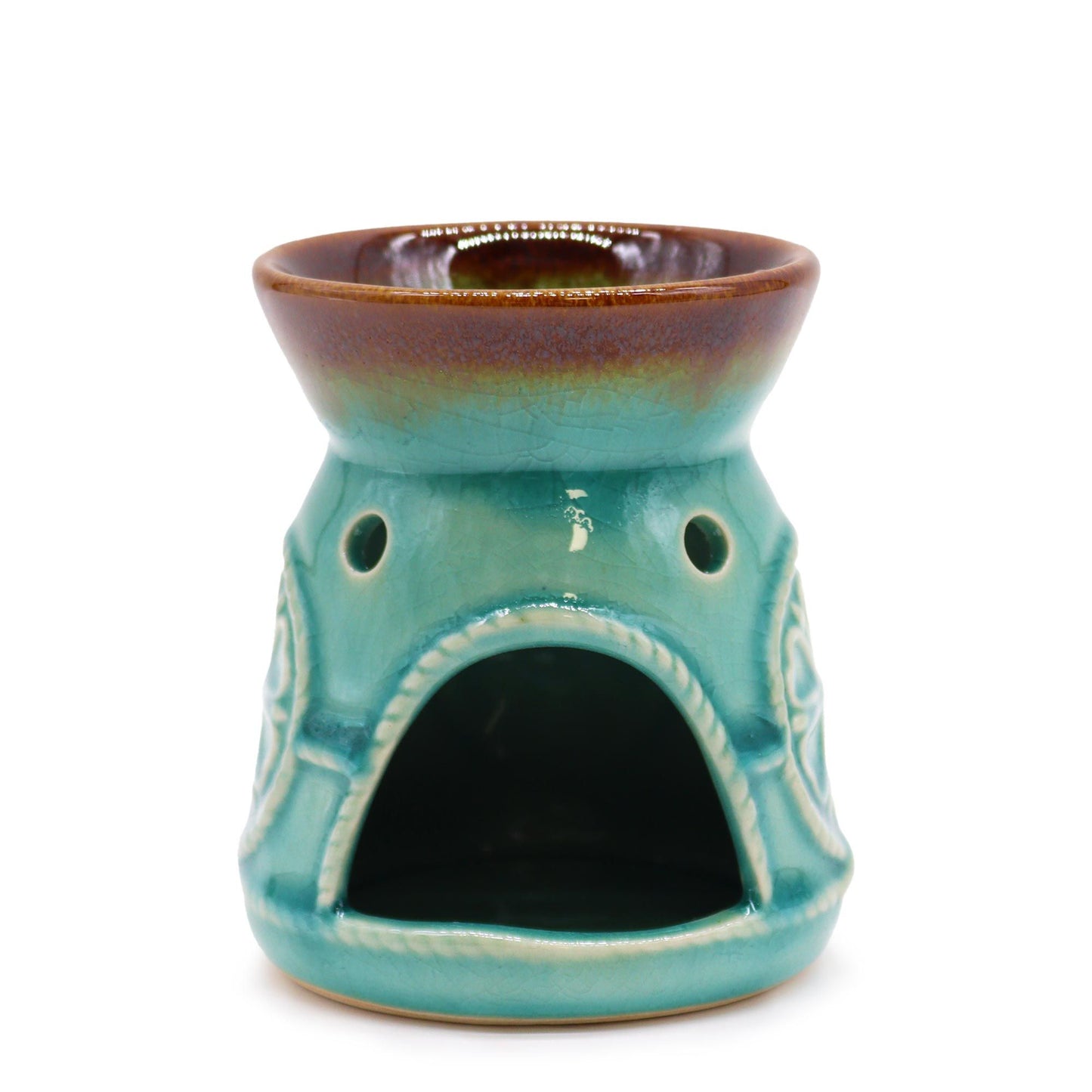 Front angle showing the tealight opening of the turquoise ceramic oil and wax melt burner.