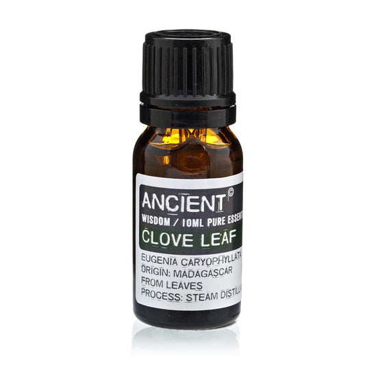 Amber 10 ml bottle labelled ‘Clove Leaf—pure essential oil’, a steam‑distilled, hot‑spicy aroma used sparingly in cozy diffuser blends and seasonal room sprays