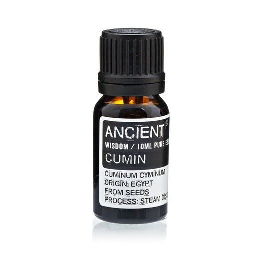 Amber 10 ml bottle labelled ‘Cumin—pure essential oil’, a steam‑distilled, earthy‑spice aroma used sparingly in grounding blends.