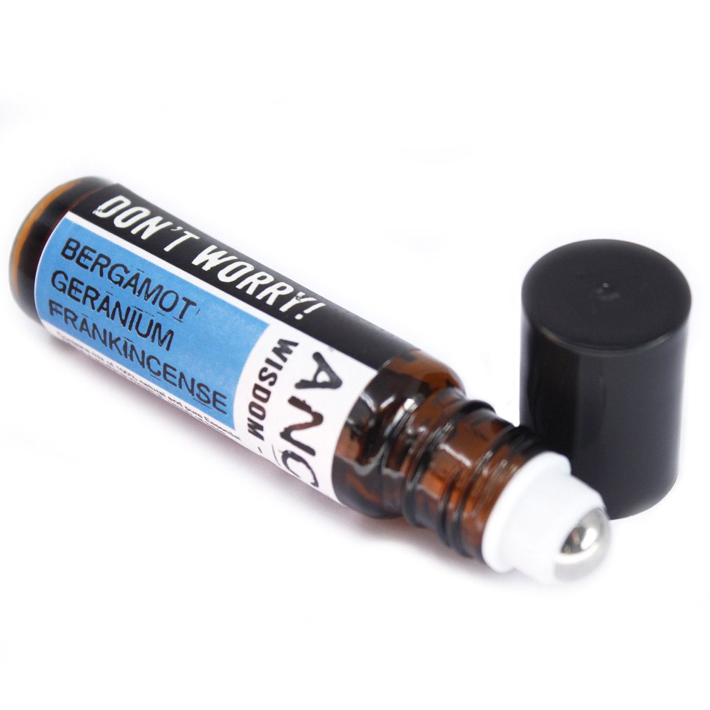 Small amber roller bottle with stainless steel ball and black cap, ‘Don’t Worry!’ label listing bergamot, geranium and frankincense—pre-diluted aromatherapy roll-on for wrists, temples and neck. On its side.