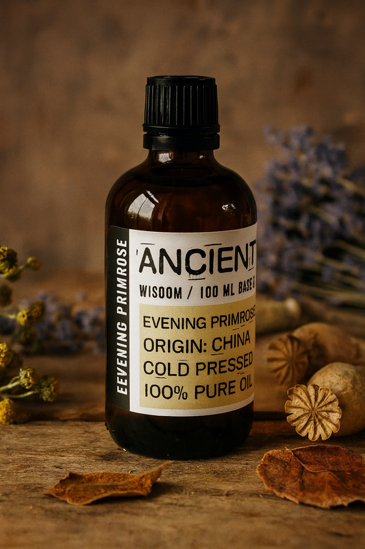 Amber glass bottle with black cap labelled ‘Evening Primrose—cold-pressed’; light golden Oenothera biennis seed oil with a mild, nutty scent for face and body blends.