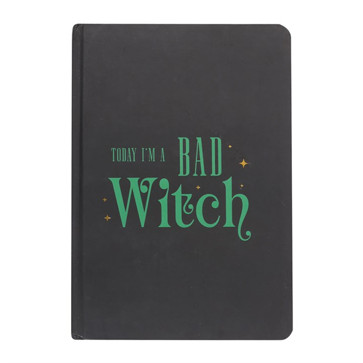 Black A5 notebook with pink “Good Witch” and green “Bad Witch” reversible covers and gold-edged pages.