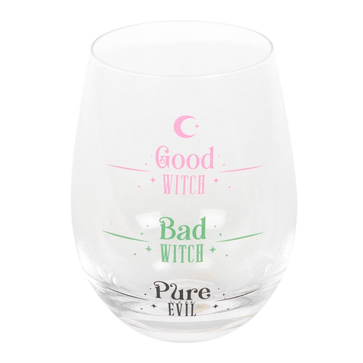Clear stemless glass with pastel pink “Good Witch,” green “Bad Witch,” and black “Pure Evil” fill lines.