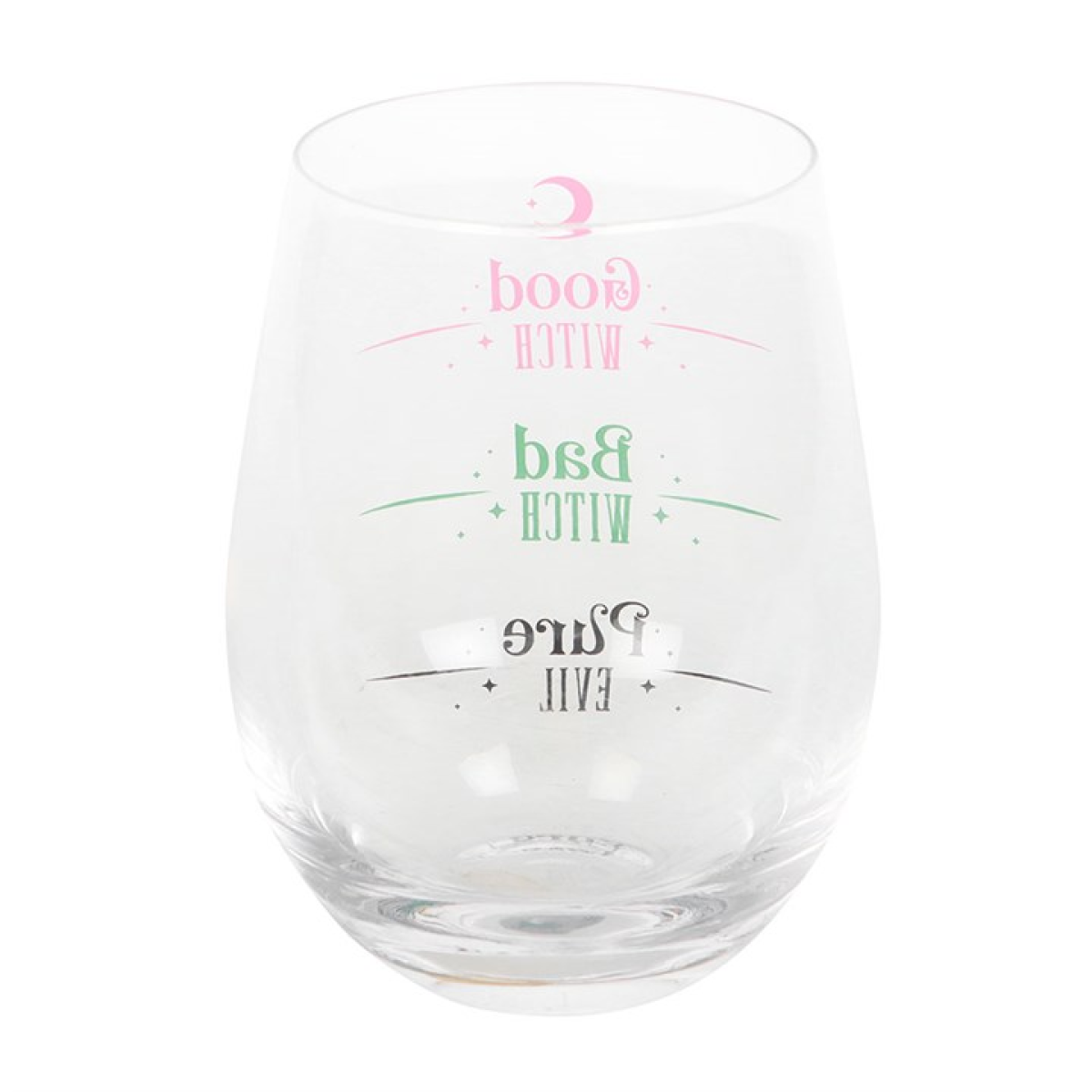 Clear stemless glass with pastel pink “Good Witch,” green “Bad Witch,” and black “Pure Evil” fill lines.