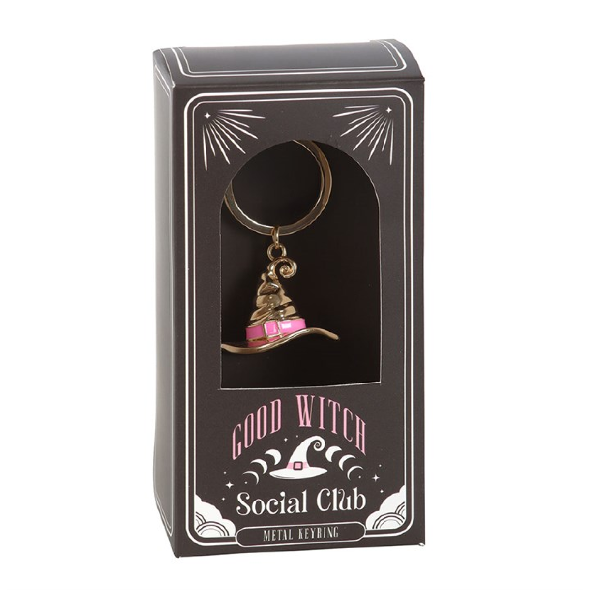 Gold-tone witch hat keyring with a pink enamel band, engraved “Good Witch,” shown on a keyring—cute witchy keychain accessory.