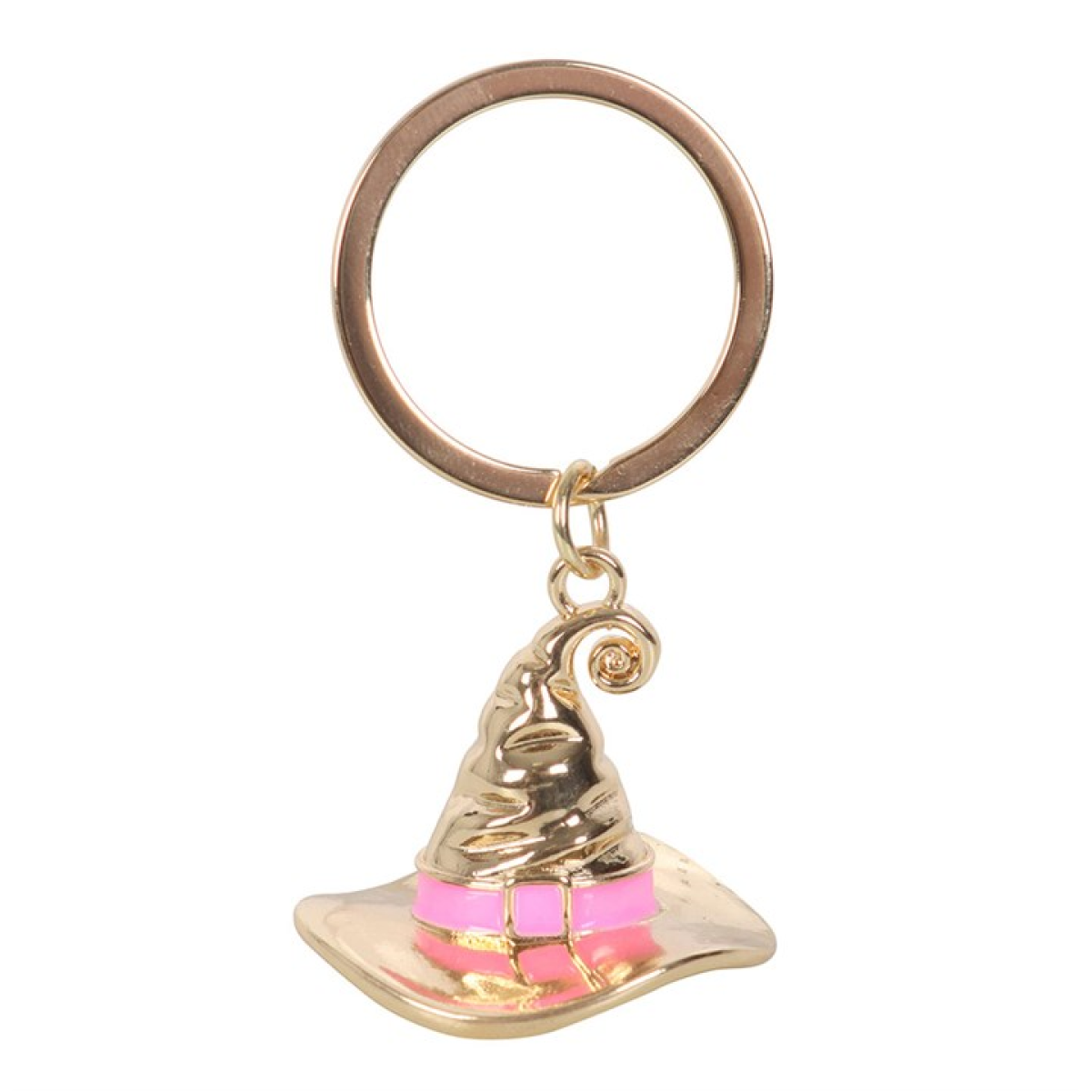 Gold-tone witch hat keyring with a pink enamel band, engraved “Good Witch,” shown on a keyring—cute witchy keychain accessory.