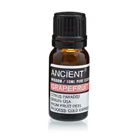 Amber 10 ml bottle labelled ‘Grapefruit—pure essential oil’, cold-pressed from USA fruit peel, with a fresh, bright citrus aroma used for uplifting diffuser blends.